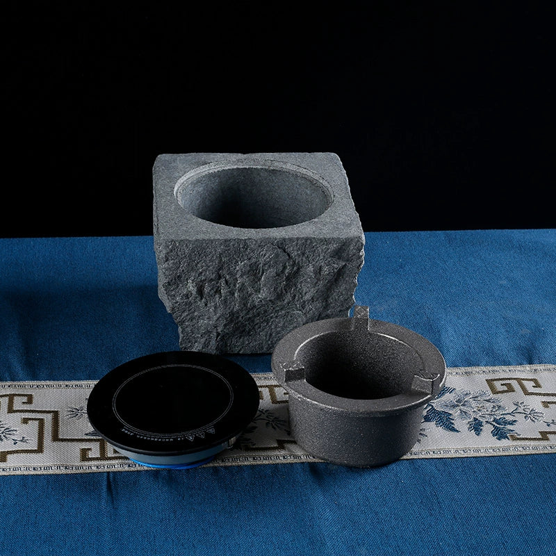Hand-Chiseled Wujin Stone Mortar Tea Stove – Dual-Purpose Stone Electric & Carbon Heater