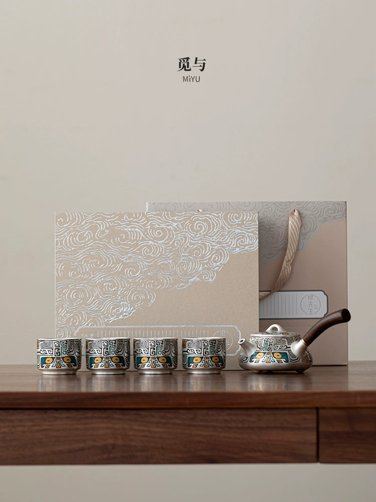 Silver kung fu side handle tea set a pot of four cups of high-end light luxury with gifts