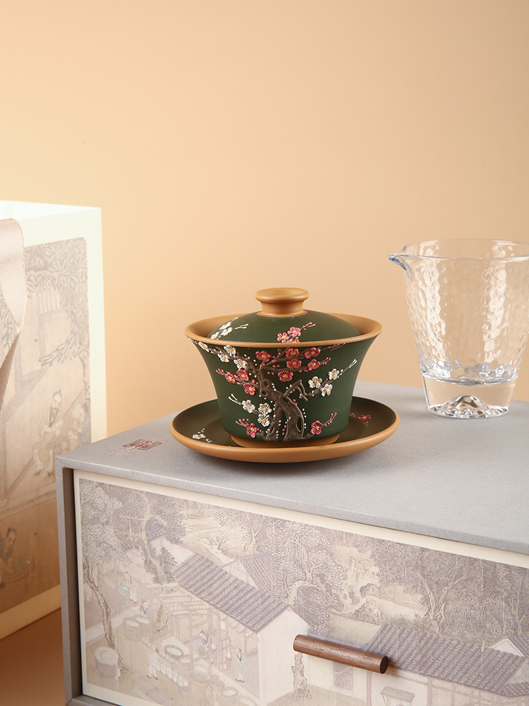 Yixing purple clay pot plum blossom snow clever three talents cover bowl tea set