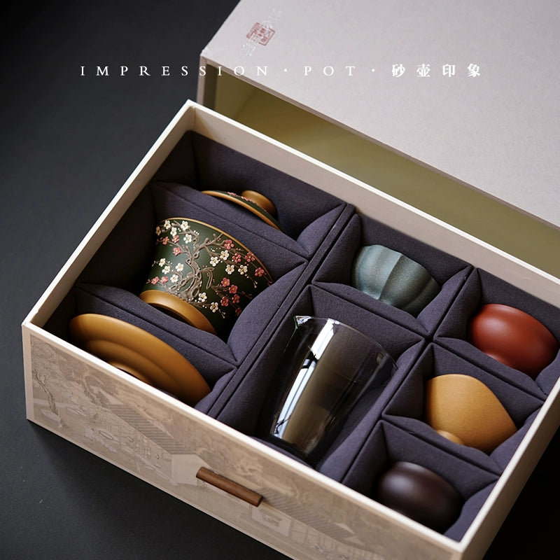 Yixing purple clay pot plum blossom snow Qiao/rain-listening cover bowl gift set mud 160cc/180cc