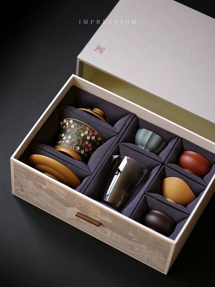 Yixing purple clay pot plum blossom snow Qiao/rain-listening cover bowl gift set mud 160cc/180cc