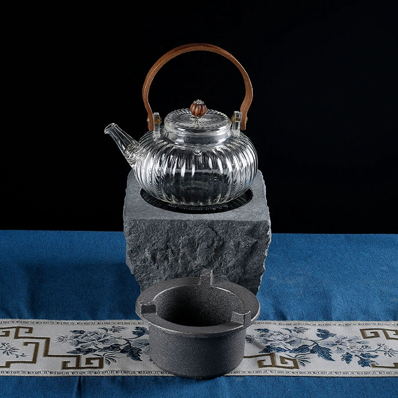 Hand-Chiseled Wujin Stone Mortar Tea Stove – Dual-Purpose Stone Electric & Carbon Heater