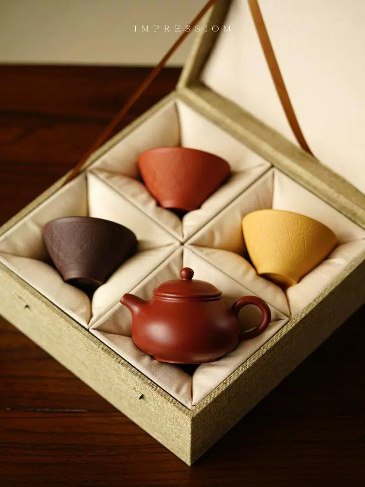 Yixing purple clay teapot gift set red clay 130cc 7 holes