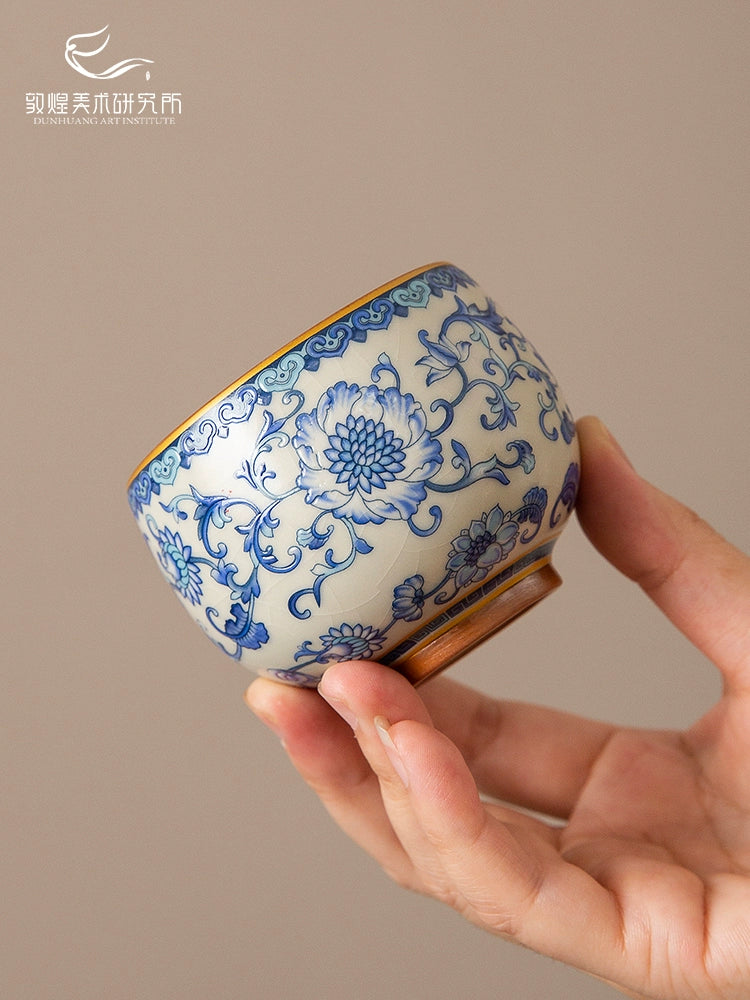 Dunhuang blue and white Ru kiln goblet, Zen cup, tea cup, tea cup, tea set, gift box, high-end cultural and creative gifts to the elders