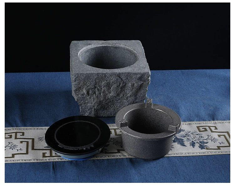 Hand-Chiseled Wujin Stone Mortar Tea Stove – Dual-Purpose Stone Electric & Carbon Heater