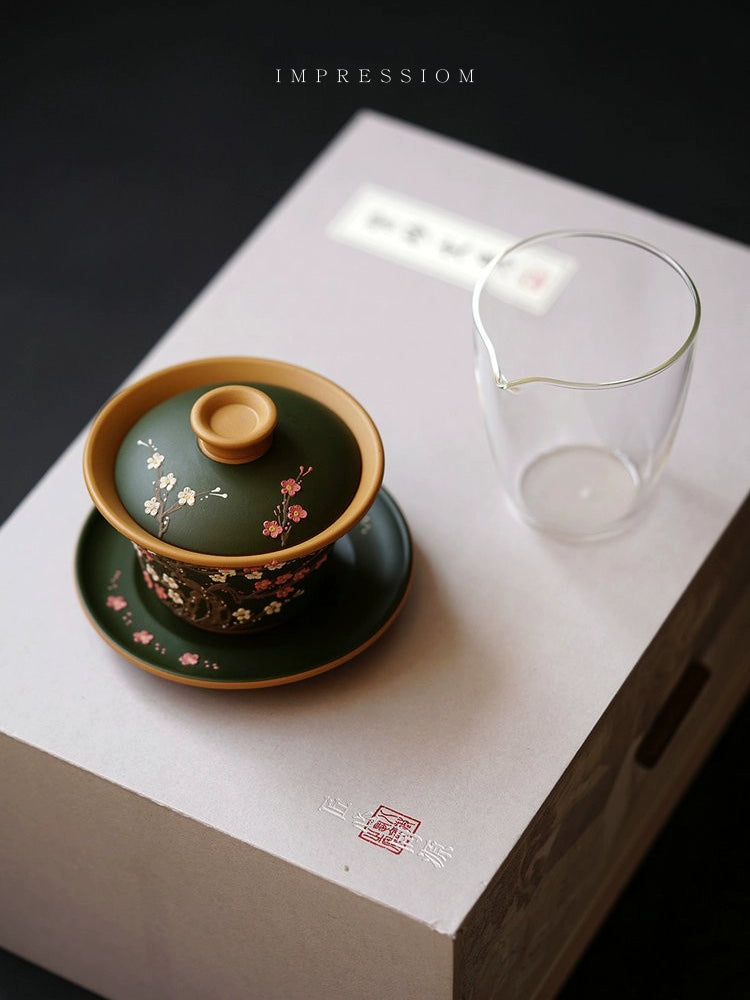 Yixing purple clay pot plum blossom snow Qiao/rain-listening cover bowl gift set mud 160cc/180cc