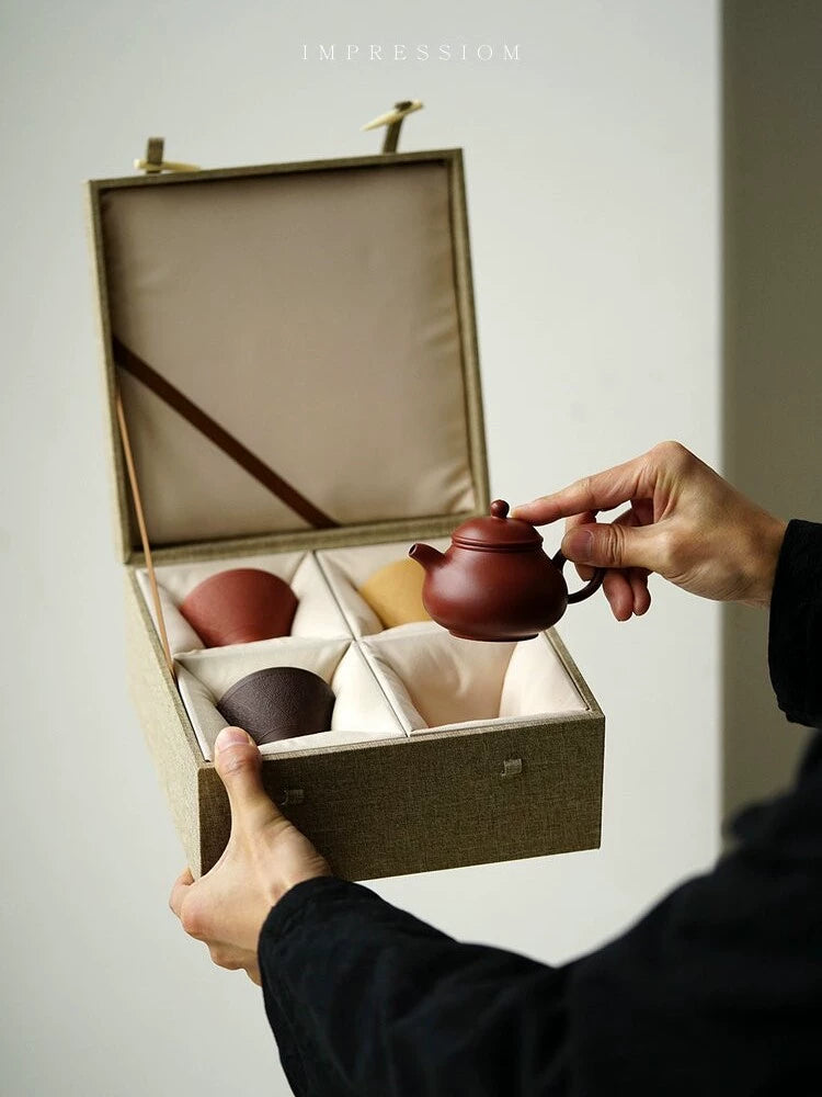 Yixing purple clay teapot gift set red clay 130cc 7 holes