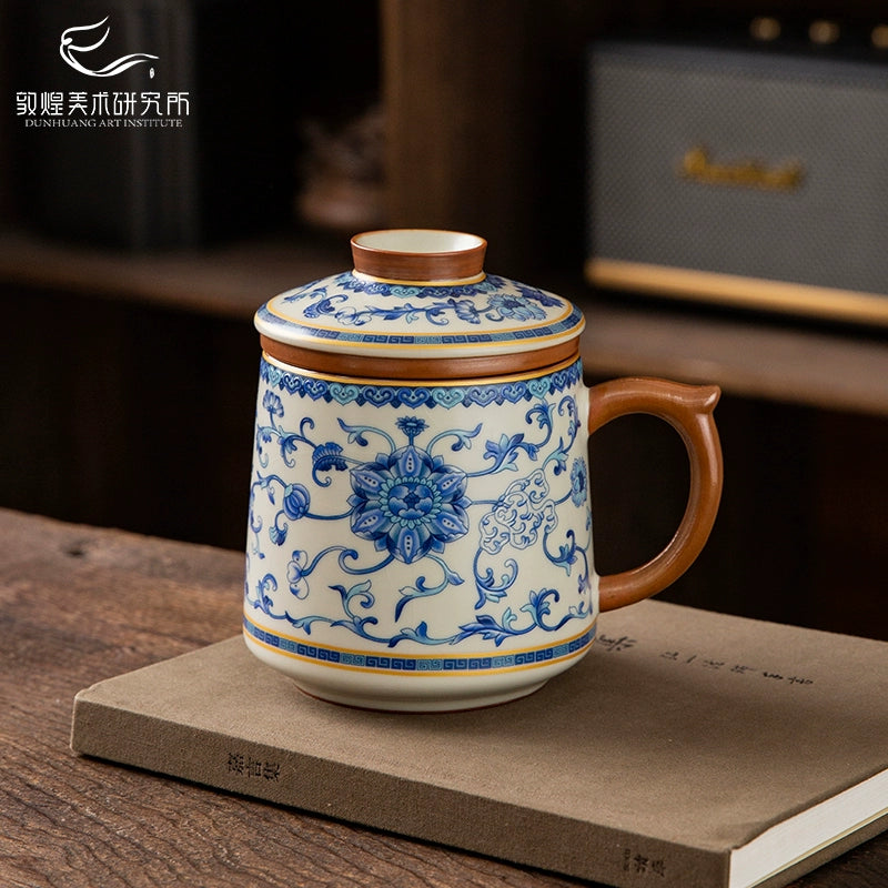 Dunhuang blue and white Ru kiln goblet, Zen cup, tea cup, tea cup, tea set, gift box, high-end cultural and creative gifts to the elders