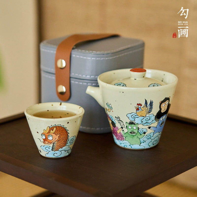 Sketch the original hand-painted zodiac travel tea set, a pot and a cup of Jingdezhen ceramics, a single tea teapot