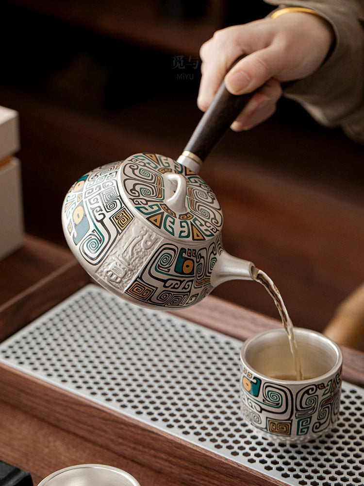 Silver kung fu side handle tea set a pot of four cups of high-end light luxury with gifts