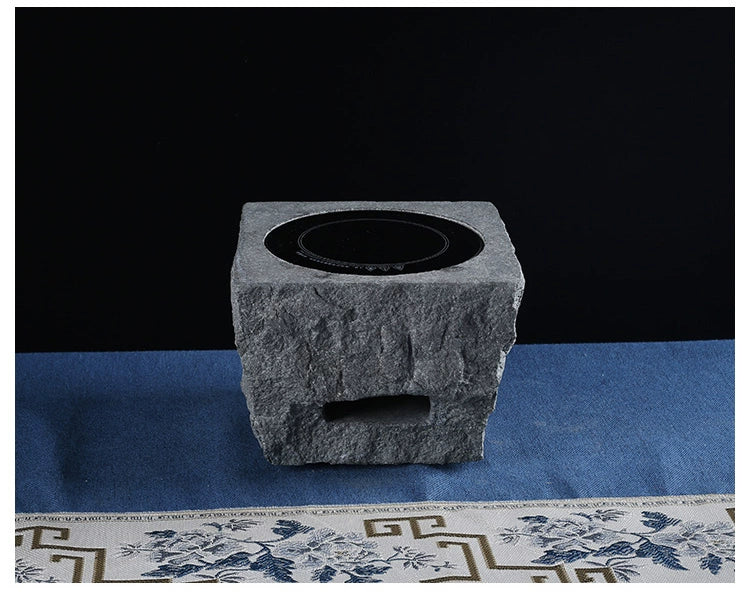 Hand-Chiseled Wujin Stone Mortar Tea Stove – Dual-Purpose Stone Electric & Carbon Heater