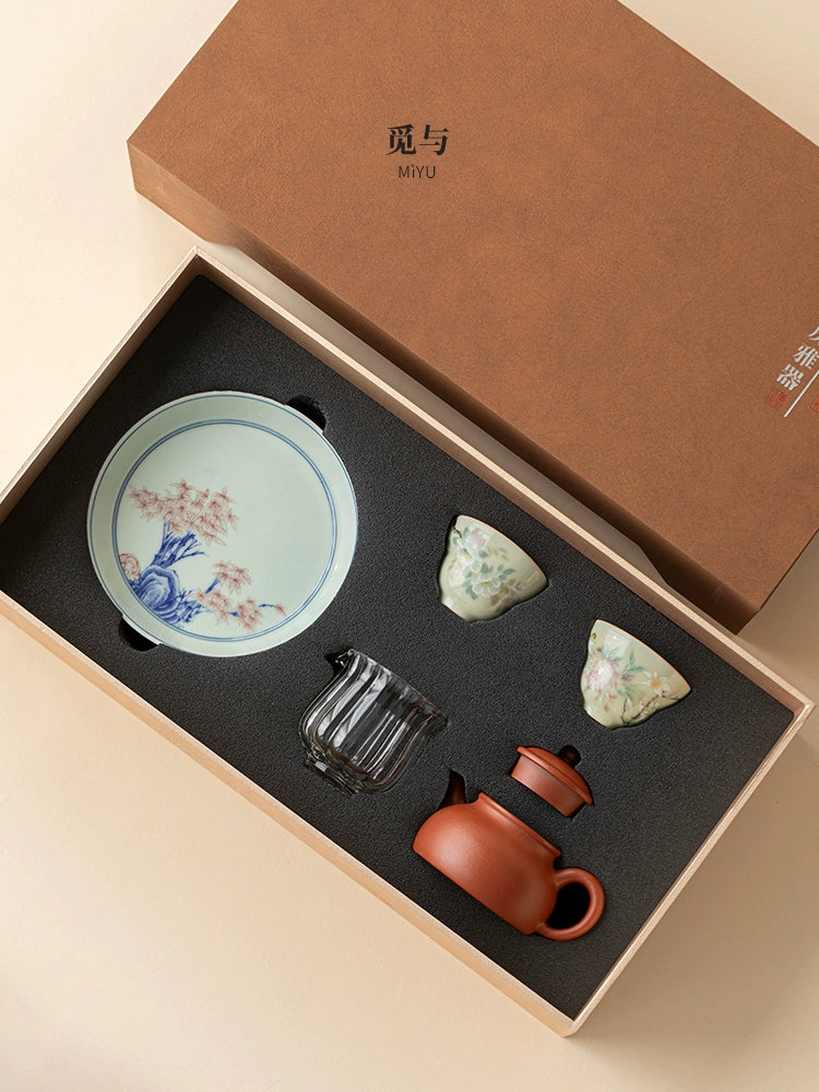 Purple sand red mud tea pot two cups kung fu tea set