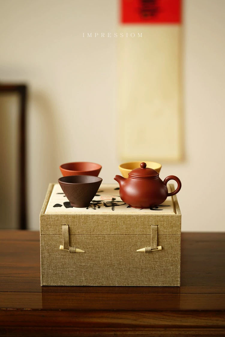 Yixing purple clay teapot gift set red clay 130cc 7 holes