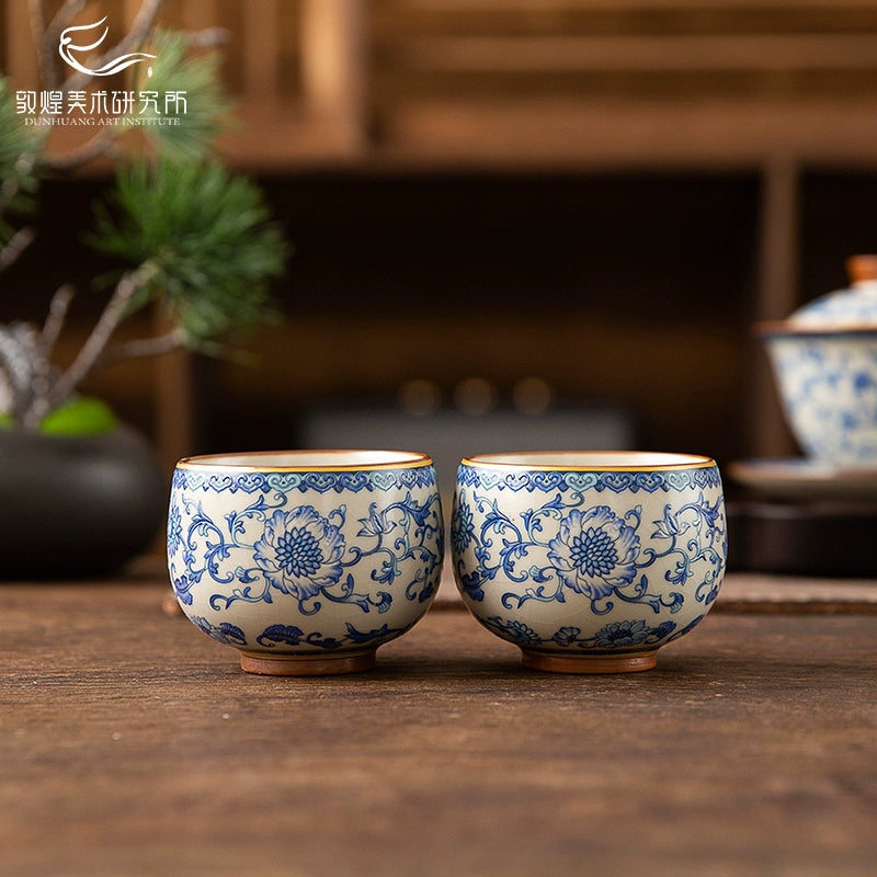 Dunhuang blue and white Ru kiln goblet, Zen cup, tea cup, tea cup, tea set, gift box, high-end cultural and creative gifts to the elders