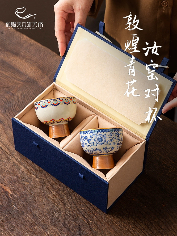 Dunhuang blue and white Ru kiln goblet, Zen cup, tea cup, tea cup, tea set, gift box, high-end cultural and creative gifts to the elders
