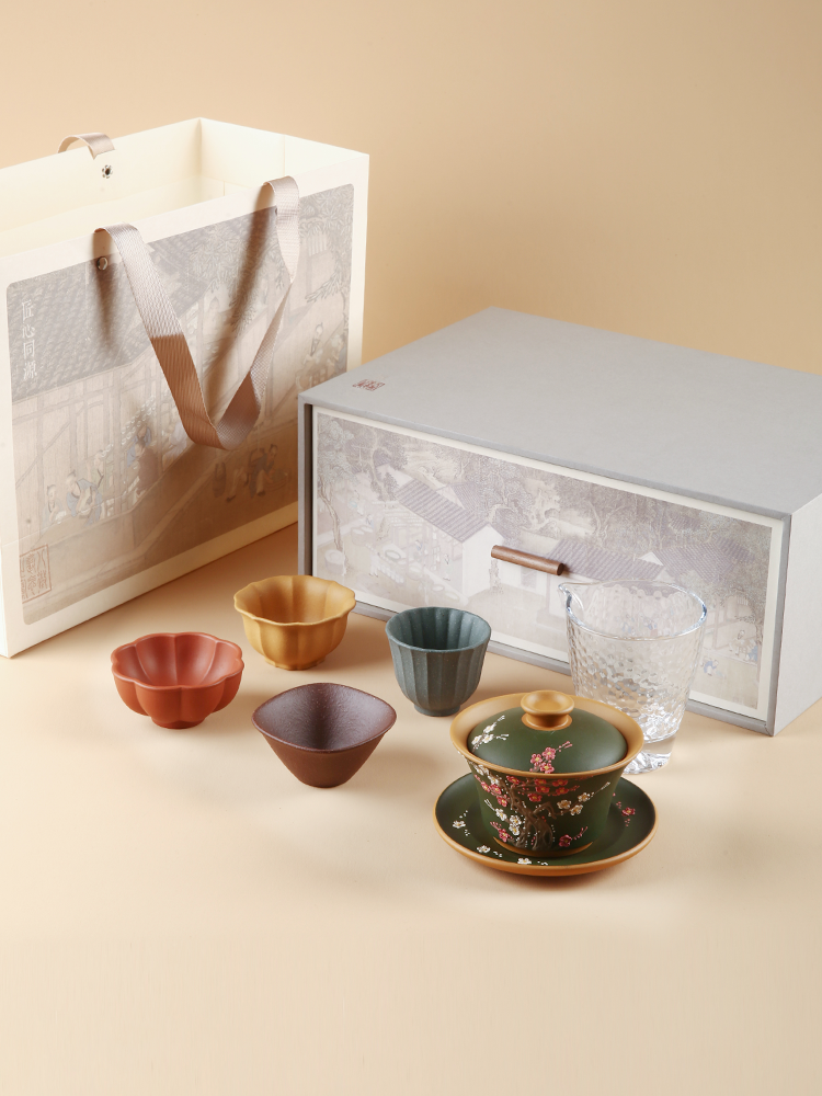 Yixing purple clay pot plum blossom snow clever three talents cover bowl tea set