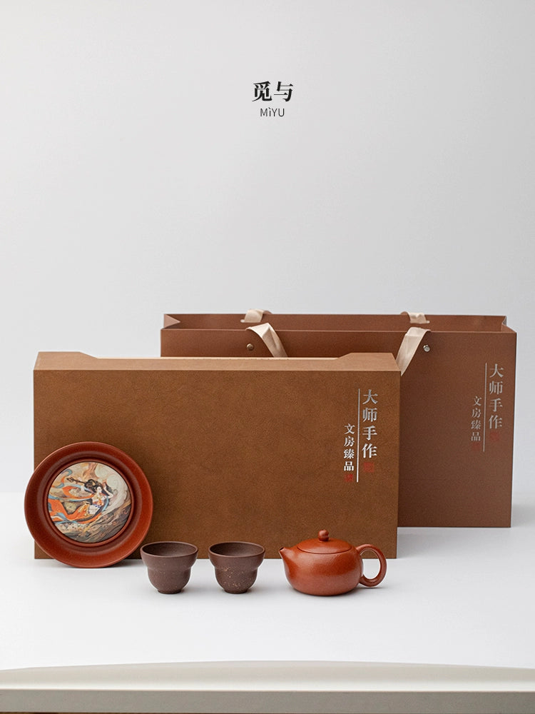 Intangible purple sand red mud Xishi a pot two cups kung fu tea set