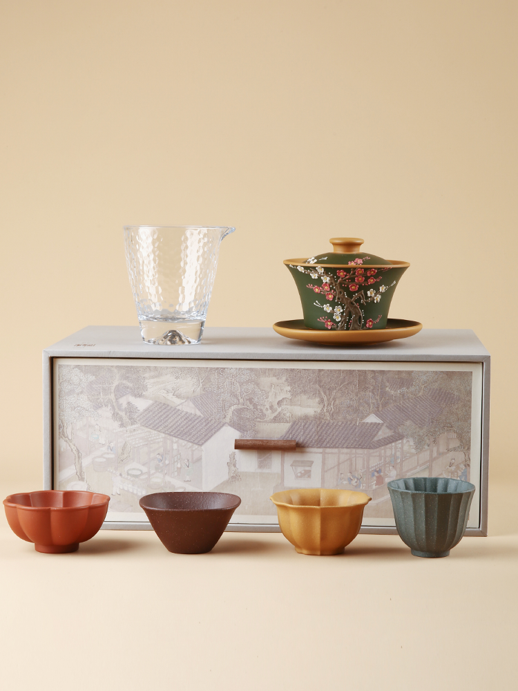 Yixing purple clay pot plum blossom snow clever three talents cover bowl tea set