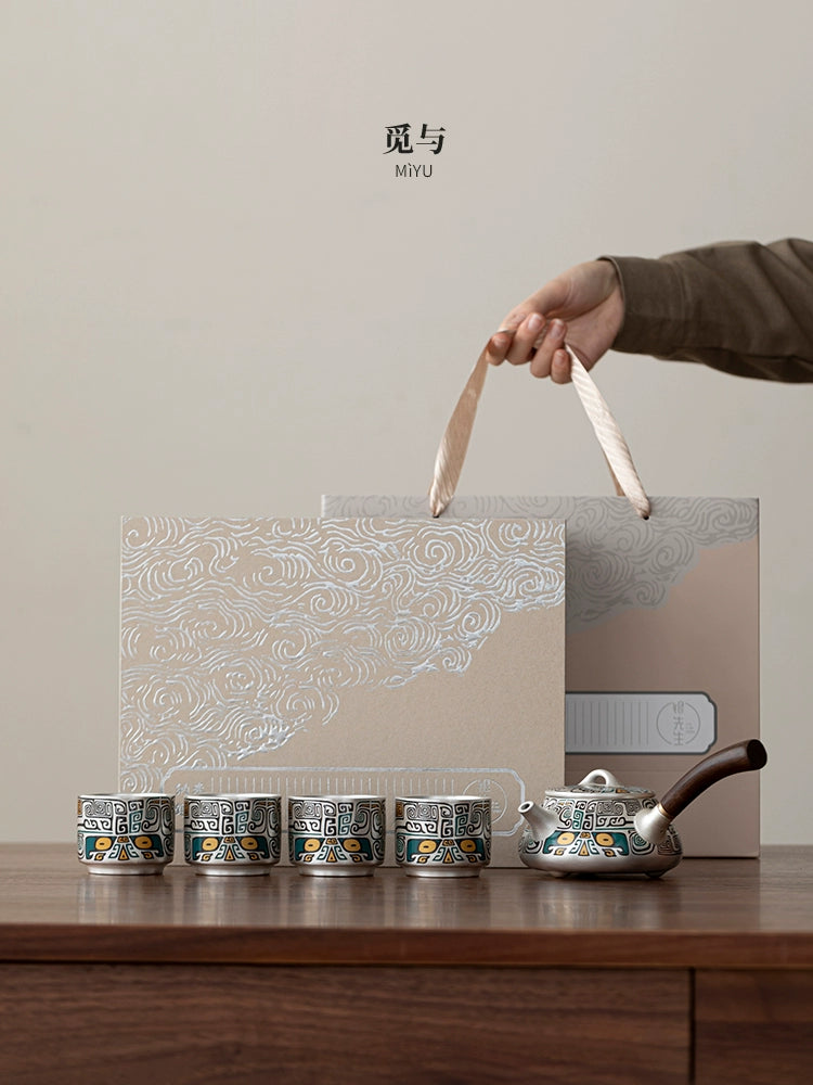 Silver kung fu side handle tea set a pot of four cups of high-end light luxury with gifts