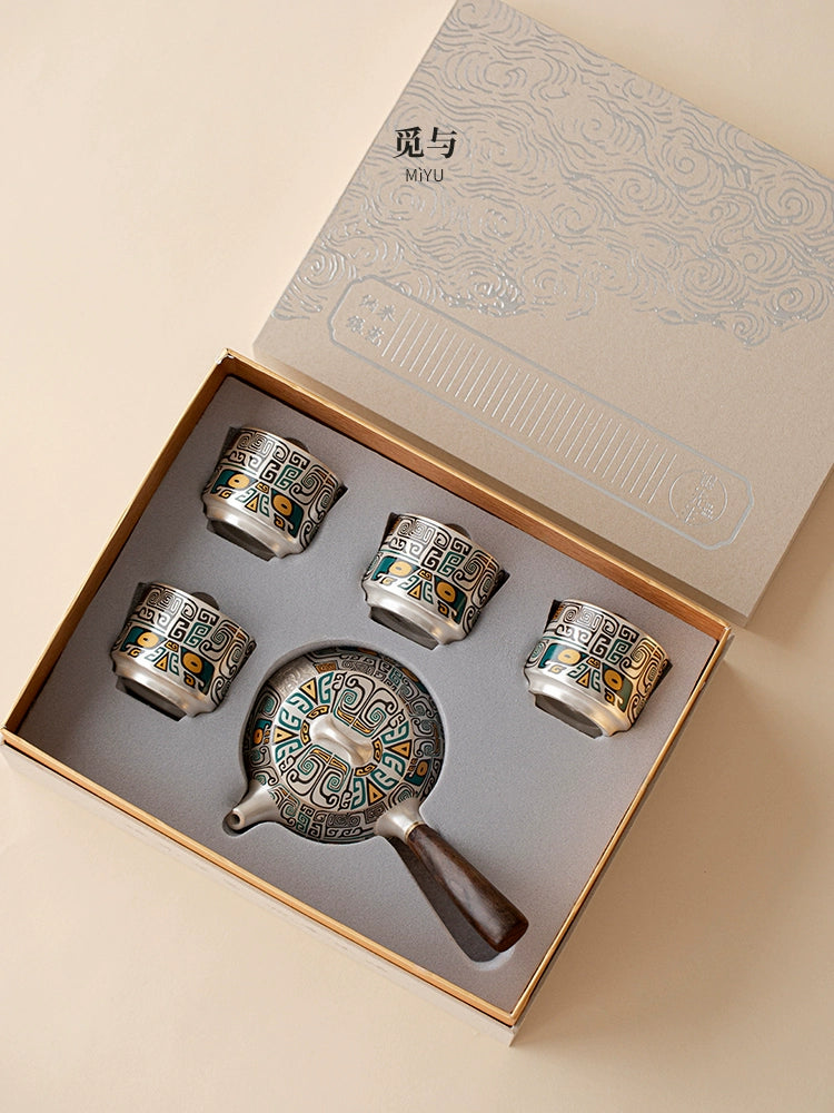 Silver kung fu side handle tea set a pot of four cups of high-end light luxury with gifts