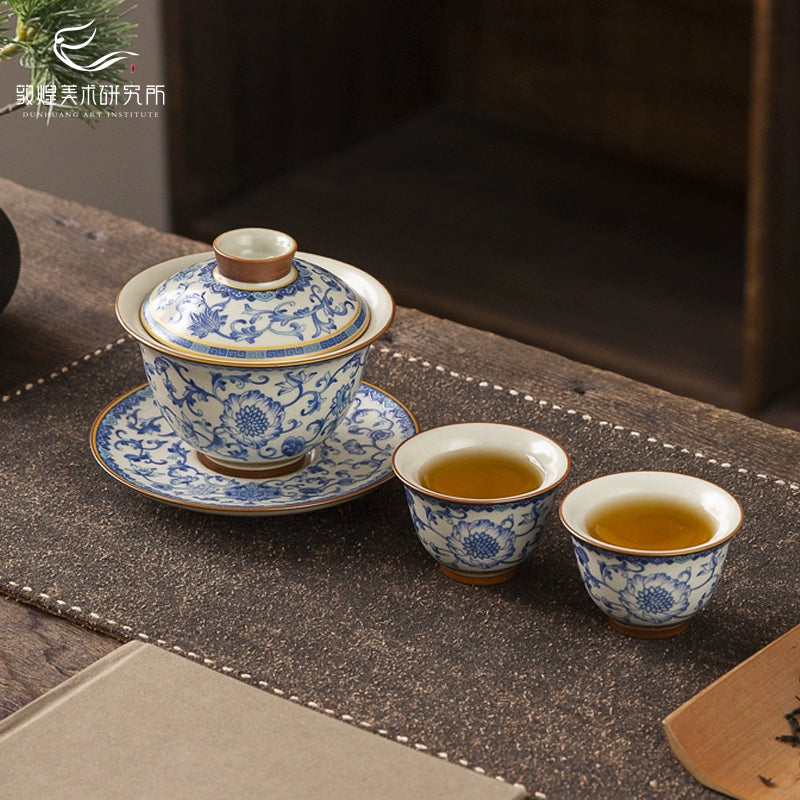 Dunhuang blue and white Ru kiln goblet, Zen cup, tea cup, tea cup, tea set, gift box, high-end cultural and creative gifts to the elders