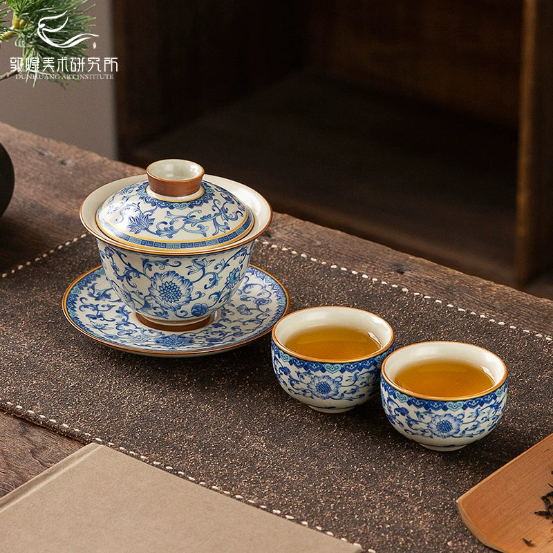 Dunhuang blue and white Ru kiln goblet, Zen cup, tea cup, tea cup, tea set, gift box, high-end cultural and creative gifts to the elders