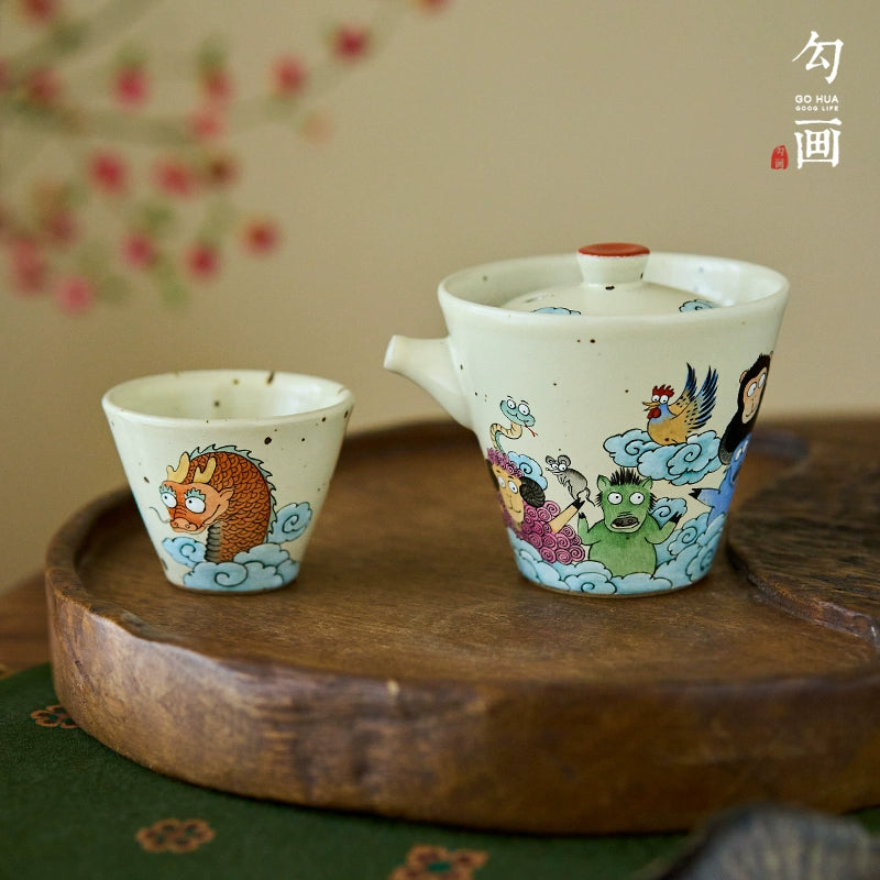 Sketch the original hand-painted zodiac travel tea set, a pot and a cup of Jingdezhen ceramics, a single tea teapot