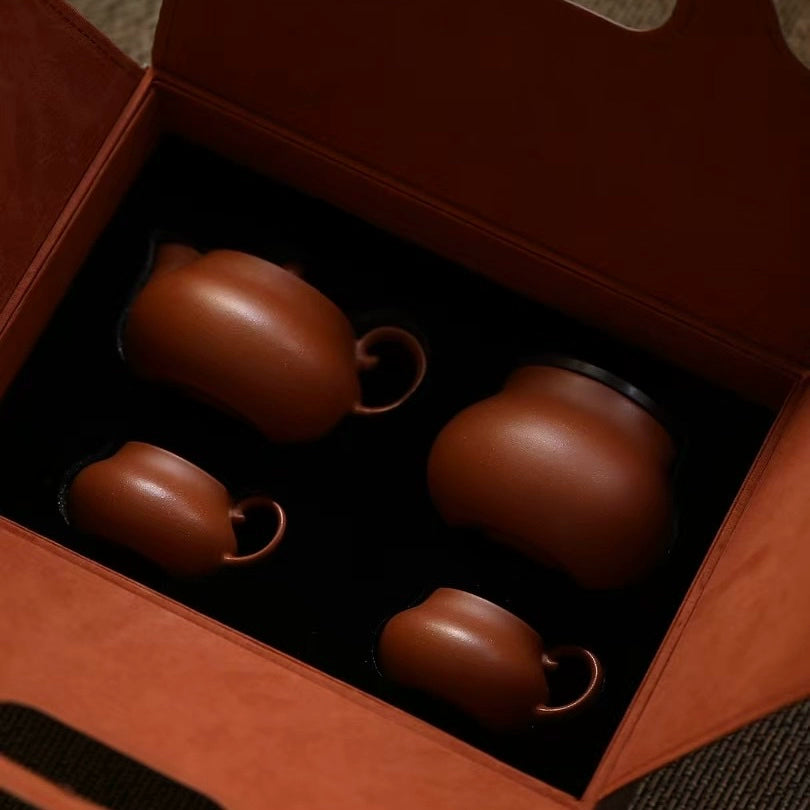 Purple sand pot set 1 pot, 2 cups, 1 tea bin business leather bag