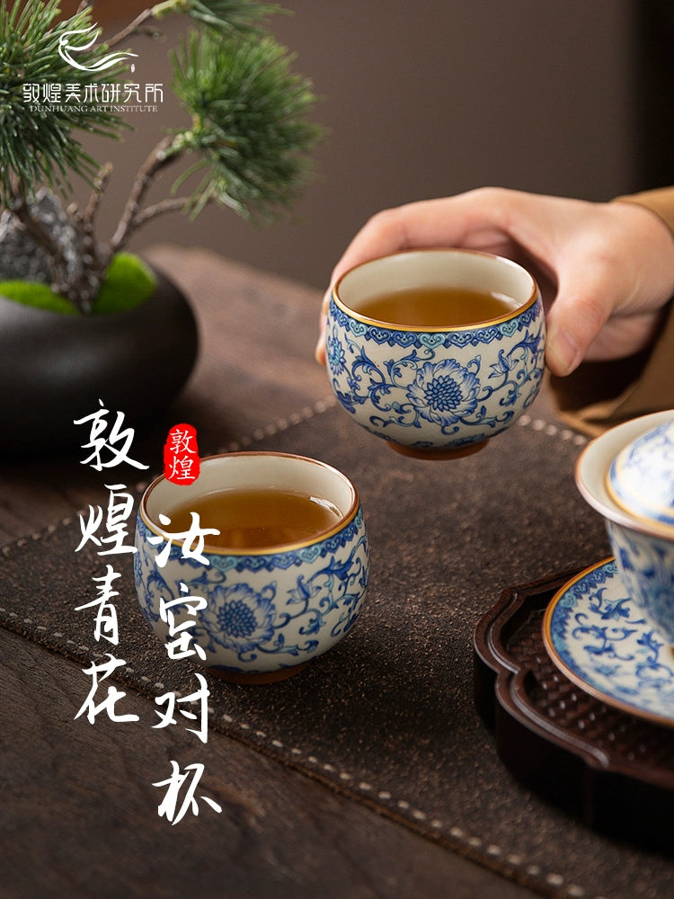 Dunhuang blue and white Ru kiln goblet, Zen cup, tea cup, tea cup, tea set, gift box, high-end cultural and creative gifts to the elders