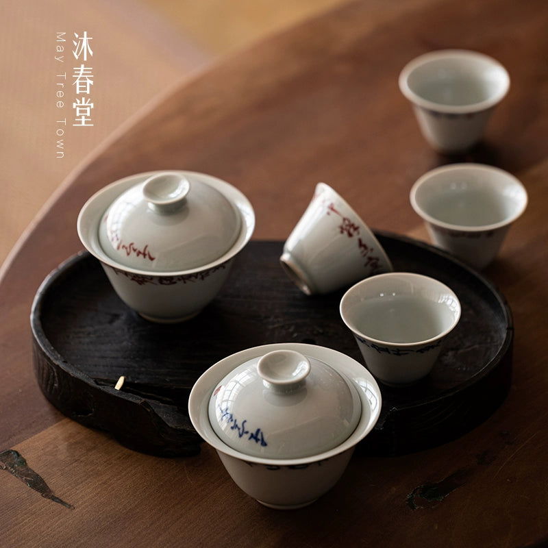 Hand-made straw ash green glaze cover bowl teacup