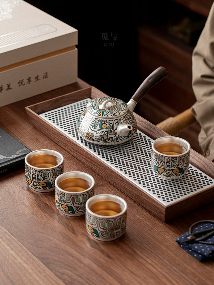 Silver kung fu side handle tea set a pot of four cups of high-end light luxury with gifts