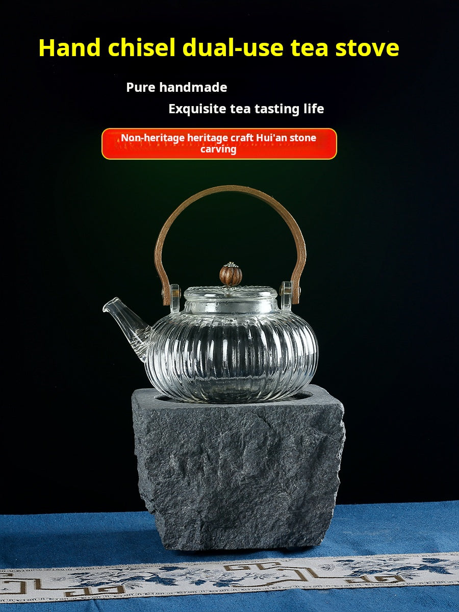 Hand-Chiseled Wujin Stone Mortar Tea Stove – Dual-Purpose Stone Electric & Carbon Heater